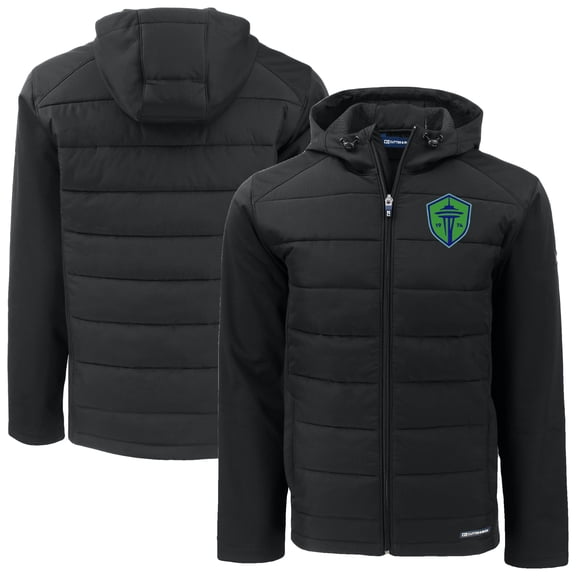Men's-Cutter & Buck  Black Seattle Sounders FC Evoke Hybrid Eco Softshell Recycled Full Zip Hooded Jacket