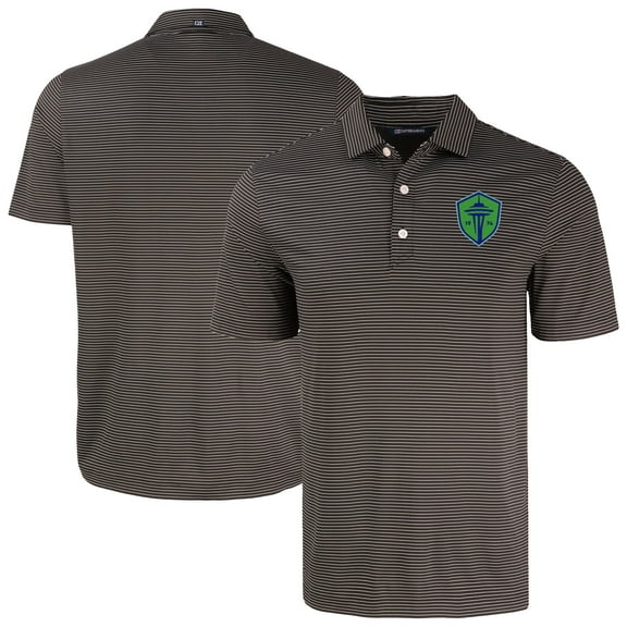 Men's-Cutter & Buck  Black Seattle Sounders FC Forge Eco Fine Line Stripe Stretch Recycled Polo