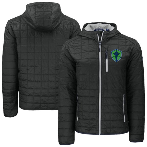 Men's-Cutter & Buck Black Seattle Sounders FC Rainier Primaloft Eco Full-Zip Hooded Jacket
