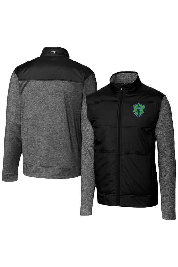 Men's-Cutter & Buck Black Seattle Sounders FC Stealth Hybrid Quilted Full-Zip Windbreaker Jacket