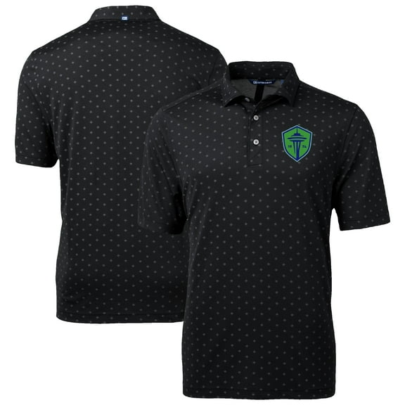 Men's-Cutter & Buck Black Seattle Sounders FC Virtue Eco Pique Tile Print Recycled Polo