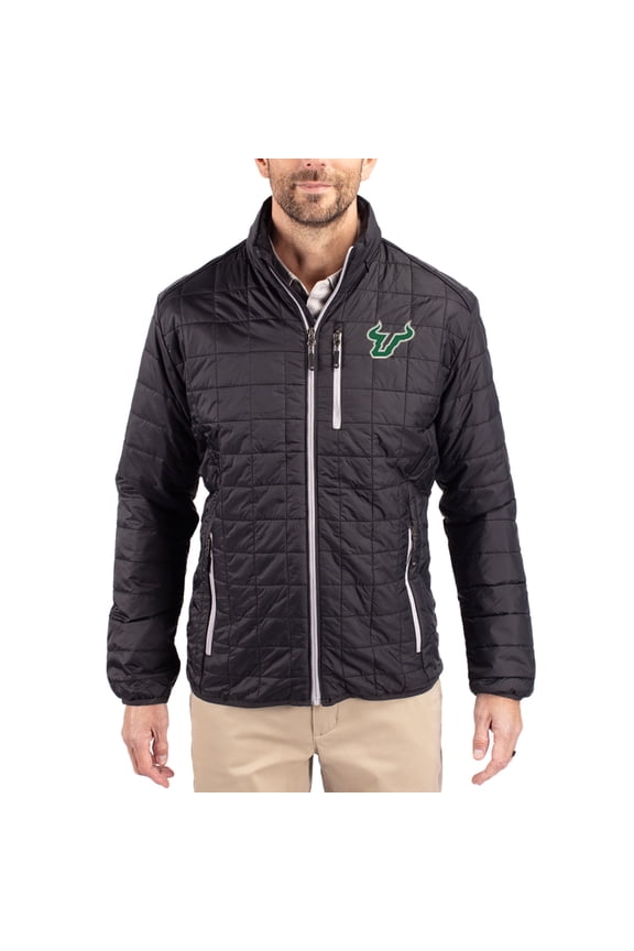 Men's-Cutter & Buck  Black South Florida Bulls Rainier Eco Insulated PrimaLoft Full-Zip Puffer Jacket