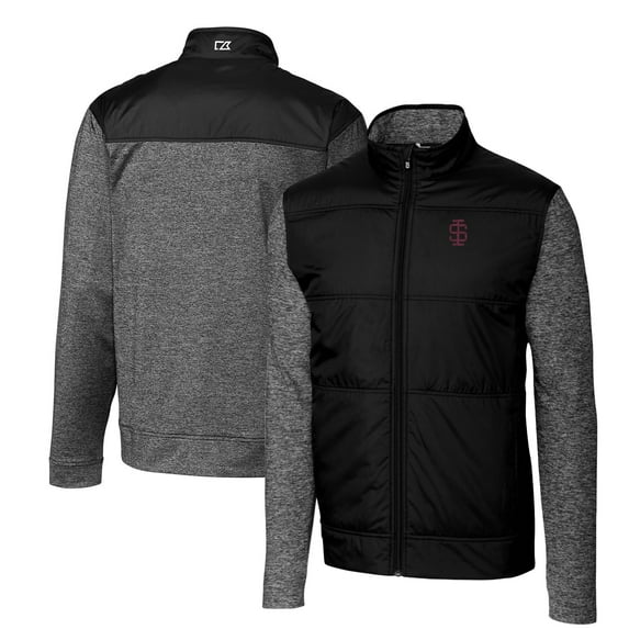 Men's Cutter & Buck Black Southern Illinois Salukis Vault Stealth Hybrid Quilted Full-Zip Windbreaker Jacket