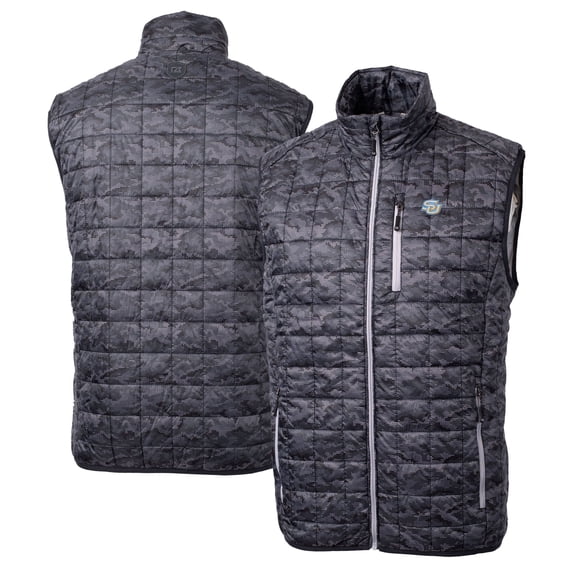 Men's Cutter & Buck Black Southern University Jaguars Rainier PrimaLoft Eco Insulated Printed Full-Zip Puffer Vest