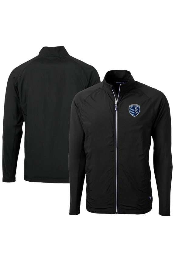 Men's-Cutter & Buck Black Sporting Kansas City Adapt Eco Knit Hybrid Recycled Raglan Full-Zip Jacket