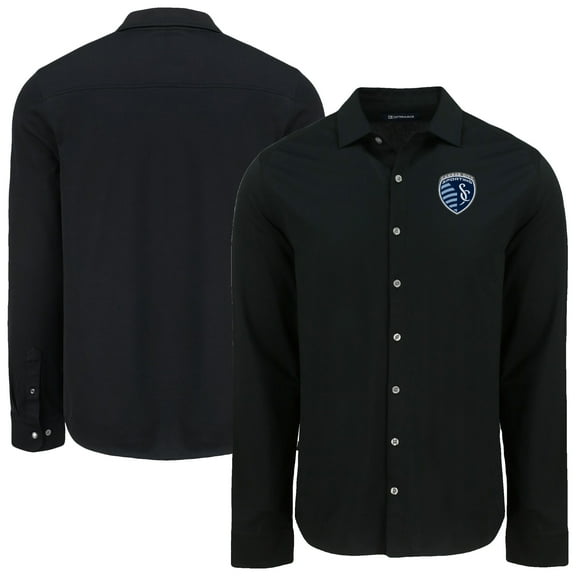 Men's-Cutter & Buck  Black Sporting Kansas City Advantage Tri-Blend Eco Soft Pique Long Sleeve Knitted Button-Up Top
