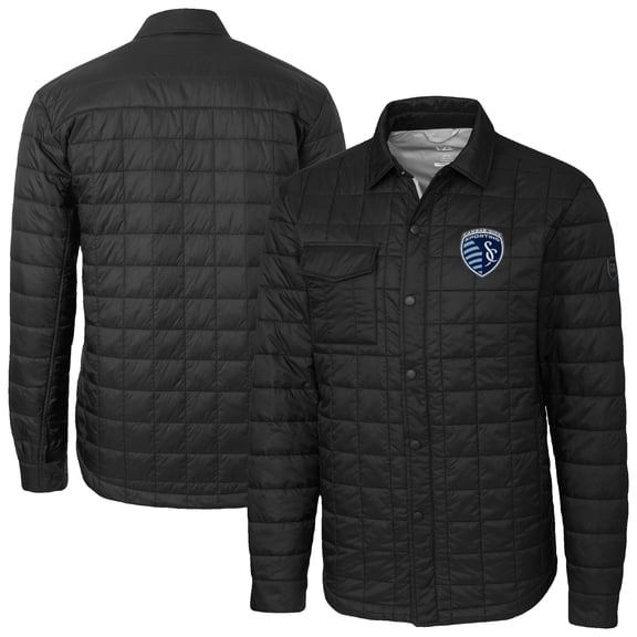Men's-Cutter & Buck Black Sporting Kansas City Big & Tall Rainier PrimaLoft Eco Insulated Full-Snap Quilted Shirt