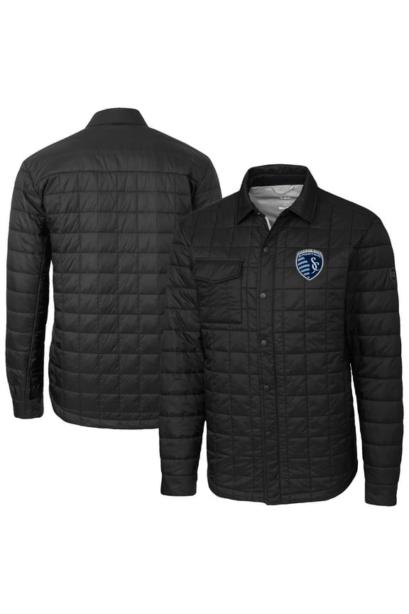 Men's-Cutter & Buck Black Sporting Kansas City Big & Tall Rainier PrimaLoft Eco Insulated Full-Snap Quilted Shirt