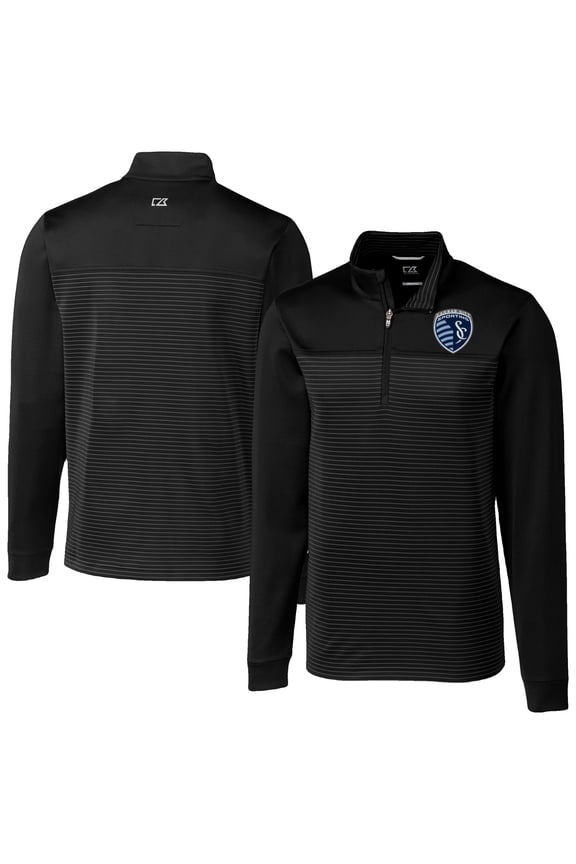 Men's-Cutter & Buck Black Sporting Kansas City Big & Tall Traverse Stretch Eco Stripe Quarter-Zip Pullover