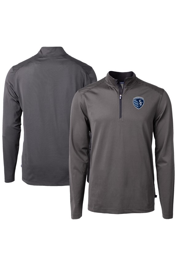 Men's-Cutter & Buck Black Sporting Kansas City Big & Tall Virtue Eco Pique Micro Stripe Recycled Quarter-Zip