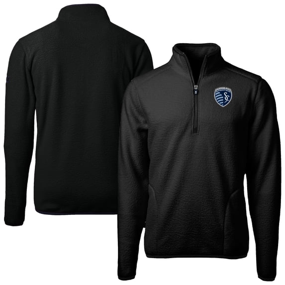 Men's-Cutter & Buck Black Sporting Kansas City Cascade Eco Fleece Quarter-Zip Jacket