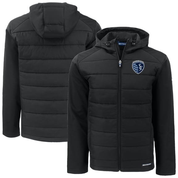 Men's-Cutter & Buck Black Sporting Kansas City Evoke Hybrid Eco Softshell Recycled Full Zip Hooded Jacket