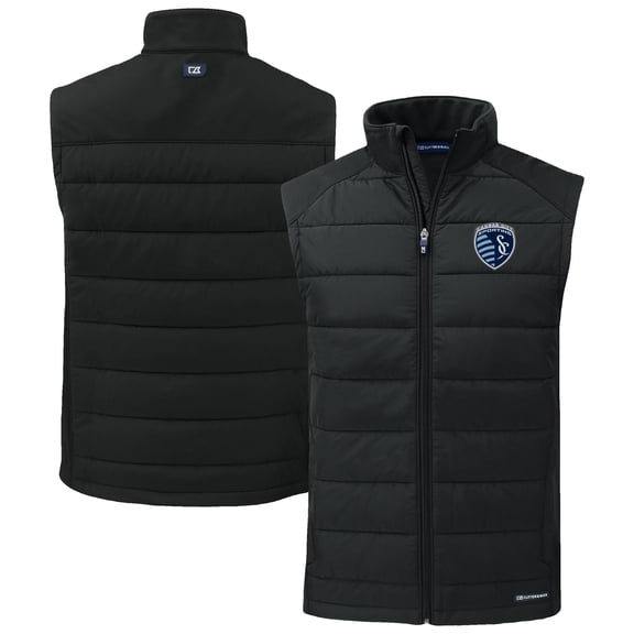 Men's-Cutter & Buck  Black Sporting Kansas City Evoke Hybrid Eco Softshell Recycled Full-Zip Vest