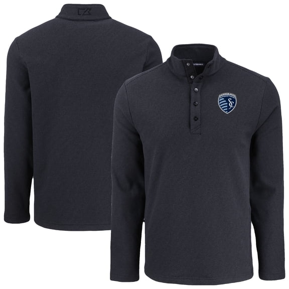 Men's-Cutter & Buck  Black Sporting Kansas City Hunts Point Eco Textured Fleece Recycled Quarter-Snap Pullover Top
