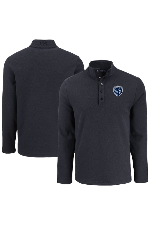 Men's-Cutter & Buck Black Sporting Kansas City Hunts Point Eco Textured Fleece Recycled Quarter-Snap Pullover Top