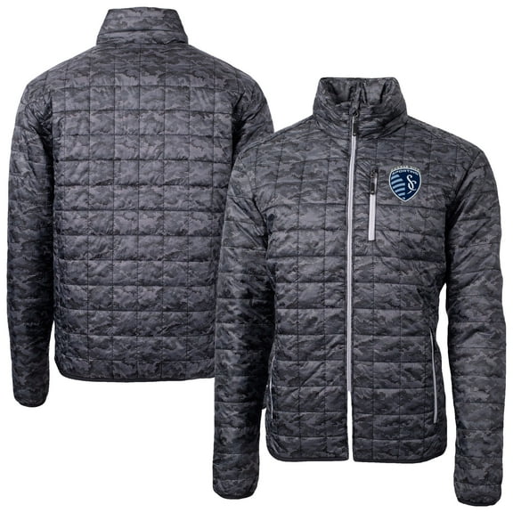 Men's-Cutter & Buck Black Sporting Kansas City Rainier PrimaLoft Eco Insulated Full-Zip Printed Puffer Jacket