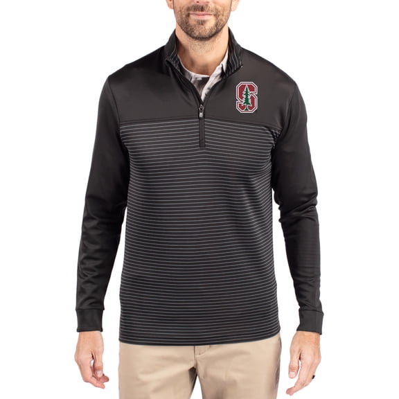 Men's-Cutter & Buck Black Stanford Cardinal Traverse Stretch Eco Stripe DryTec Tri-Blend Quarter-Zip Pullover