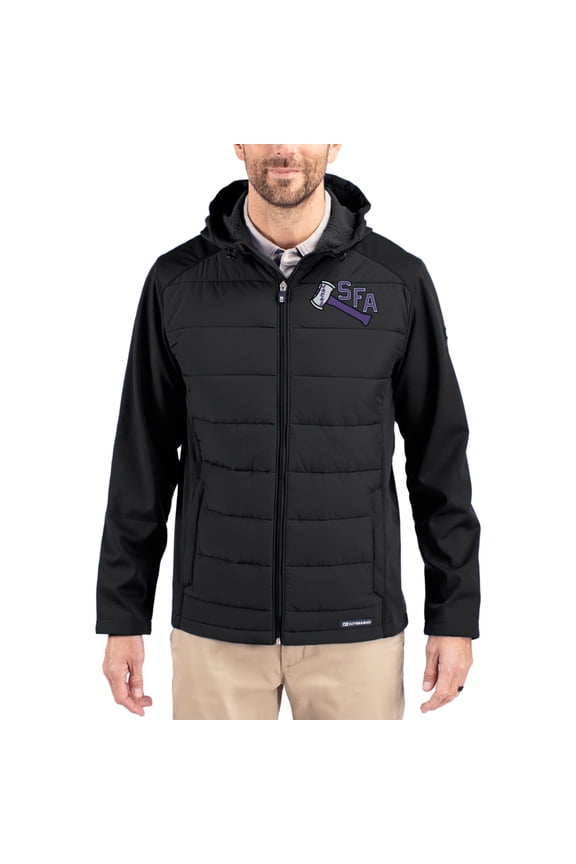 Men's Cutter & Buck Black Stephen F Austin Lumberjacks Evoke Hybrid Eco Softshell Recycled Full Zip Hooded Jacket