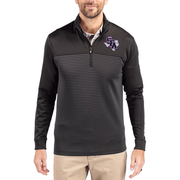 Men's-Cutter & Buck Black Stephen F Austin Lumberjacks Traverse Stretch Eco Stripe DryTec Tri-Blend Quarter-Zip