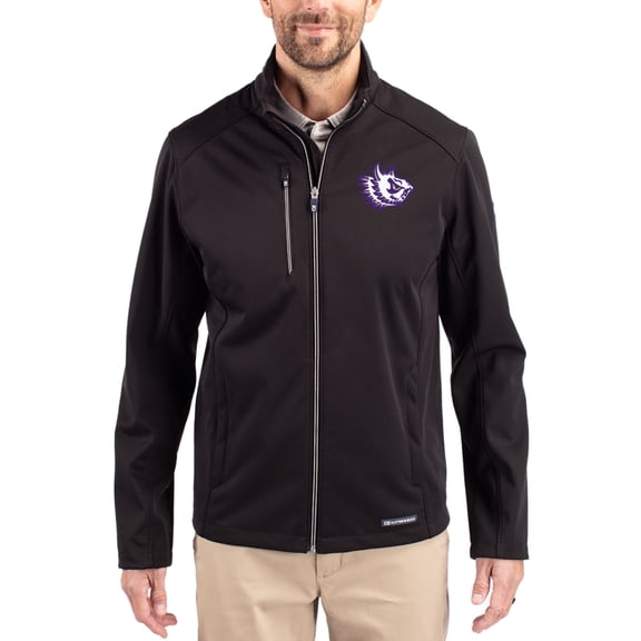Men's Cutter & Buck Black TCU Horned Frogs Evoke Eco Softshell Recycled Full-Zip Jacket