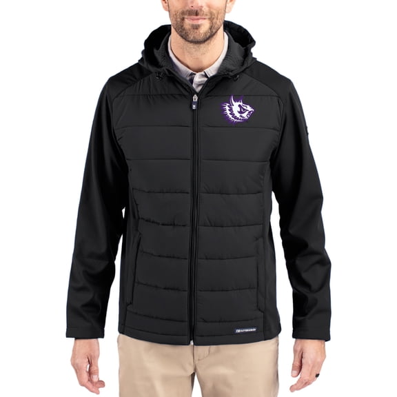 Men's Cutter & Buck Black TCU Horned Frogs Evoke Hybrid Eco Softshell Recycled Full Zip Hooded Jacket