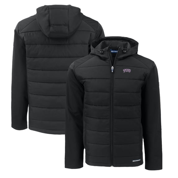 Men's Cutter & Buck Black TCU Horned Frogs Evoke Hybrid Eco Softshell Recycled Full-Zip Hoodie Jacket