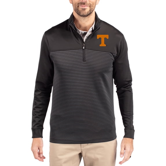 Men's-Cutter & Buck Black Tennessee Volunteers Traverse Stretch Eco Stripe DryTec Tri-Blend Quarter-Zip Pullover