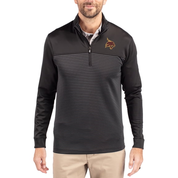Men's-Cutter & Buck Black Texas State Bobcats Traverse Stretch Eco Stripe DryTec Tri-Blend Quarter-Zip Pullover