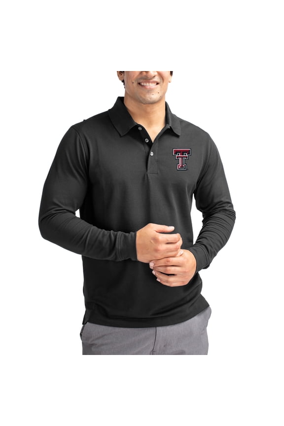 Men's Cutter & Buck Black Texas Tech Red Raiders Advantage Eco Tri-Blend Pique Long Sleeve Polo