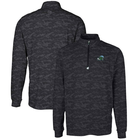 Men's Cutter & Buck Black Tulane Green Wave Big & Tall Traverse Camo Print Stretch Quarter-Zip Pullover Top