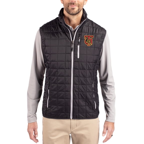 Men's-Cutter & Buck Black Tuskegee Golden Tigers Rainier Eco Insulated PrimaLoft Full-Zip Puffer Vest
