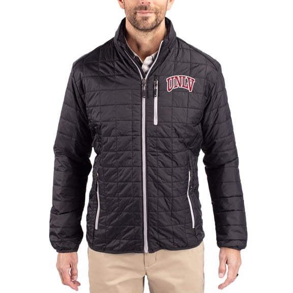 Men's-Cutter & Buck Black UNLV Rebels Rainier Eco Insulated PrimaLoft Full-Zip Puffer Jacket