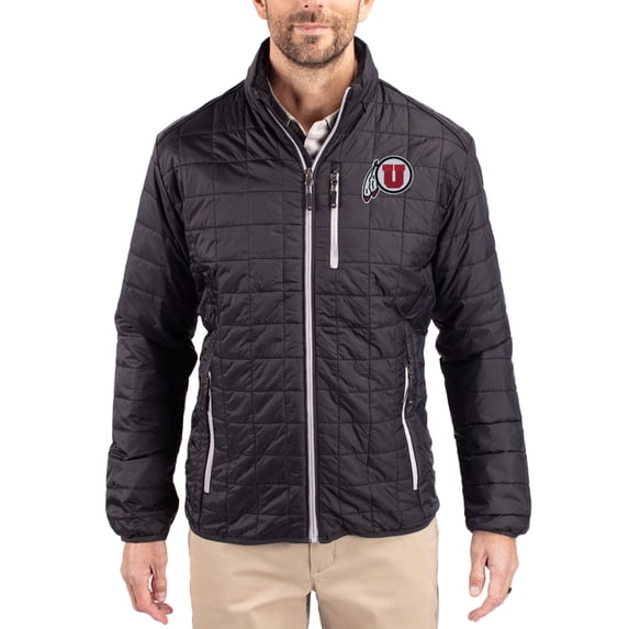 Men's-Cutter & Buck Black Utah Utes Rainier Eco Insulated PrimaLoft Full-Zip Puffer Jacket
