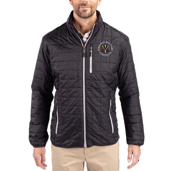 Men's-Cutter & Buck Black Virginia Military Institute Keydets Rainier Eco Insulated PrimaLoft Full-Zip Puffer Jacket