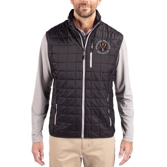 Men's-Cutter & Buck Black Virginia Military Institute Keydets Rainier Eco Insulated PrimaLoft Full-Zip Puffer Vest