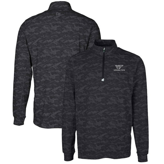 Men's Cutter & Buck Black Virginia Tech Hokies Big & Tall Traverse Camo Print Stretch Quarter-Zip Pullover Top