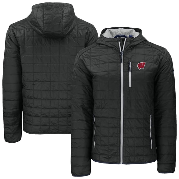 Men's-Cutter & Buck  Black Wisconsin Badgers Rainier Eco PrimaLoft Hooded Full-Zip Jacket