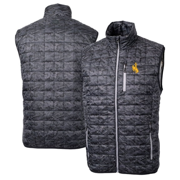 Men's Cutter & Buck  Black Wyoming Cowboys Rainier PrimaLoft Eco Insulated Printed Full-Zip Puffer Vest