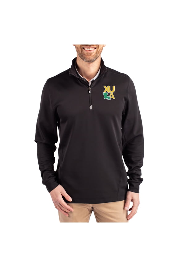 Men's-Cutter & Buck Black Xavier University of Louisiana Gold Rush DryTec Traverse Stretch Eco Tri-Blend Quarter-Zip