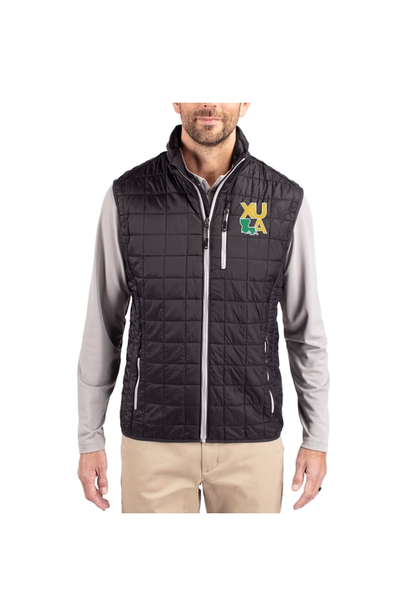 Men's-Cutter & Buck Black Xavier University of Louisiana Gold Rush Rainier Eco Insulated PrimaLoft Full-Zip Puffer Vest