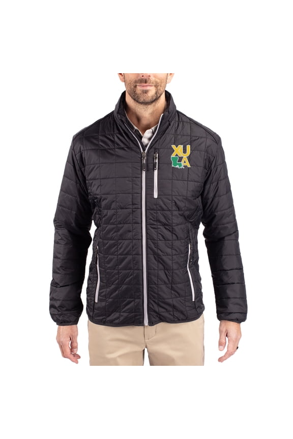 Men's-Cutter & Buck Black Xavier University of Louisiana Gold Rush Rainier Eco Insulated PrimaLoft Full-Zip Puffer