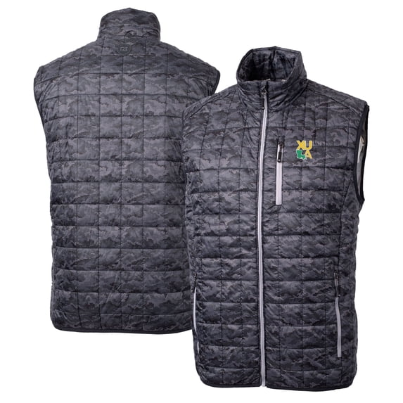 Men's Cutter & Buck Black Xavier University of Louisiana Gold Rush Rainier PrimaLoft Eco Insulated Printed Full-Zip