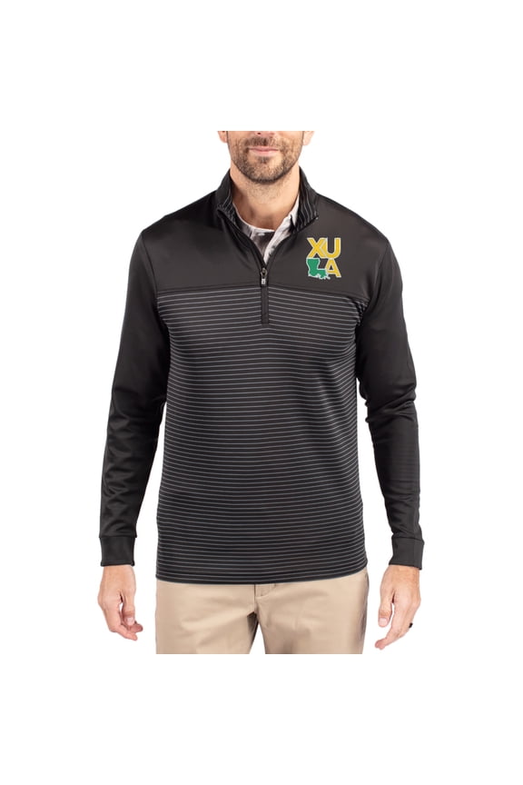 Men's-Cutter & Buck Black Xavier University of Louisiana Gold Rush Traverse Stretch Eco Stripe DryTec Tri-Blend