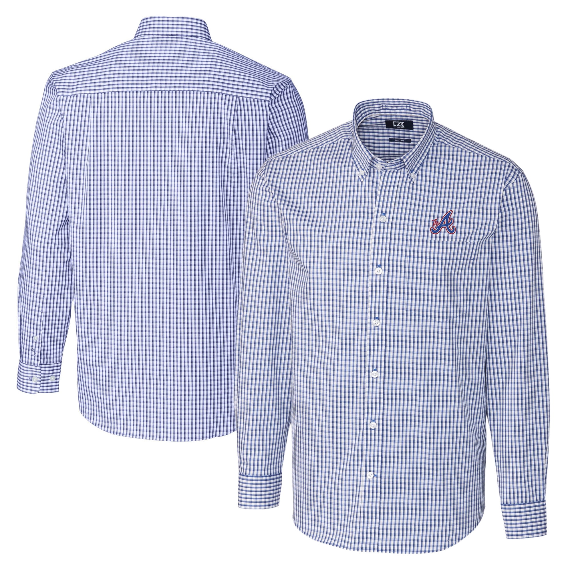 Men's Cutter & Buck Blue Atlanta Braves City Connect Easy Care Stretch Gingham Long Sleeve Dress 