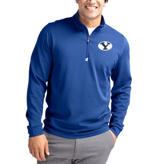 Men's-Cutter & Buck Blue BYU Cougars DryTec Traverse Stretch Eco Tri-Blend Quarter-Zip Pullover