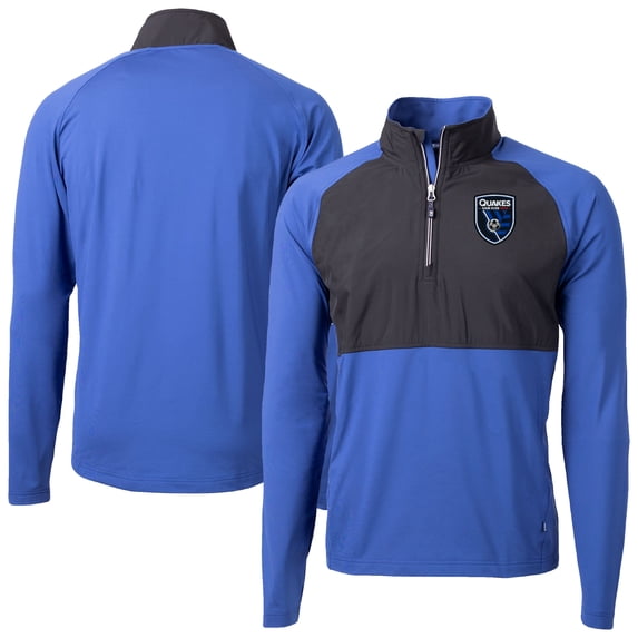 Men's-Cutter & Buck Blue/Black San Jose Earthquakes Adapt Eco Knit Hybrid Recycled Raglan Quarter-Zip Top
