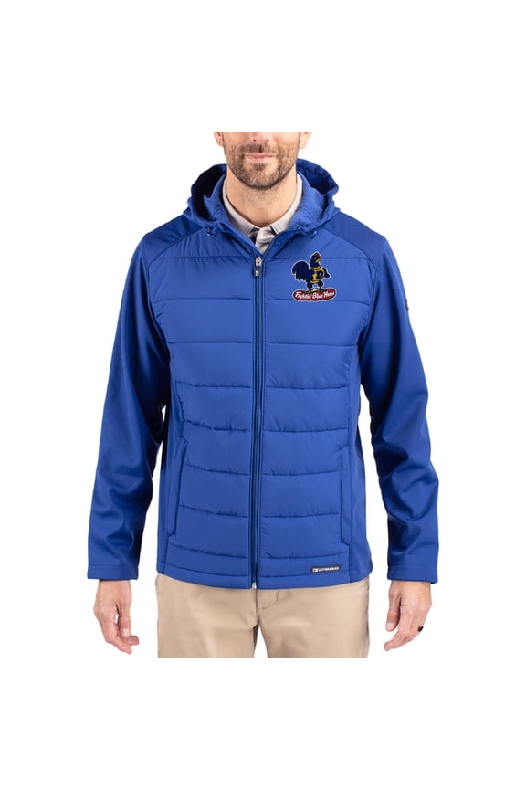 Men's Cutter & Buck Blue Delaware Fightin' Blue Hens Evoke Hybrid Eco Softshell Recycled Full Zip Hooded Jacket