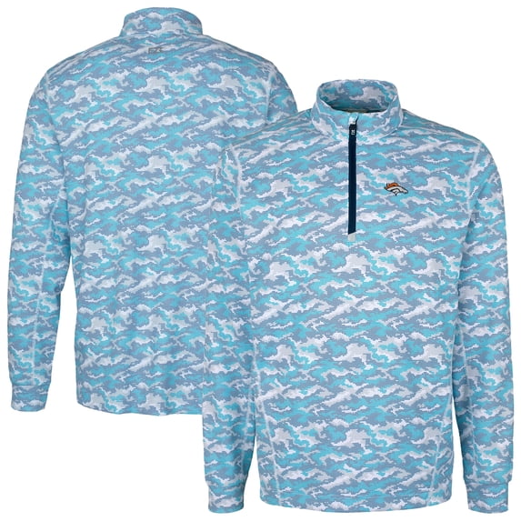 Men's Cutter & Buck Blue Denver Broncos Traverse Camo Print Stretch Quarter-Zip Pullover Top