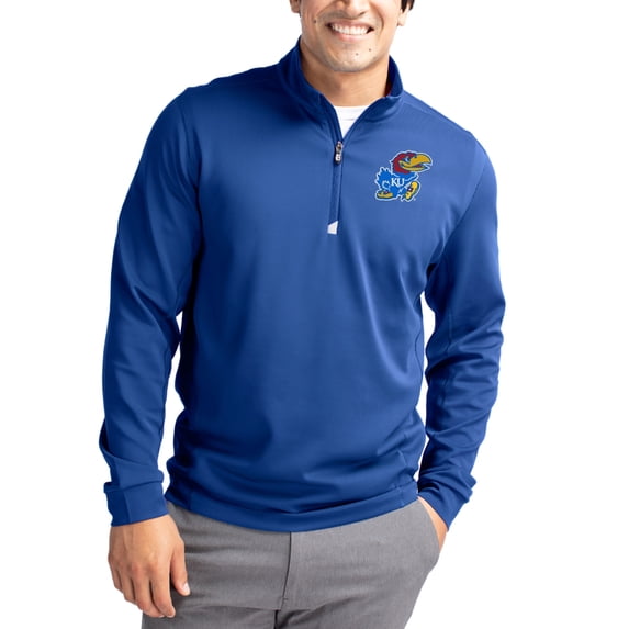 Men's-Cutter & Buck Blue Kansas Jayhawks DryTec Traverse Stretch Eco Tri-Blend Quarter-Zip Pullover