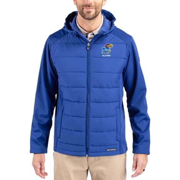 Men's Cutter & Buck Blue Kansas Jayhawks Evoke Hybrid Eco Softshell Recycled Full Zip Hooded Jacket